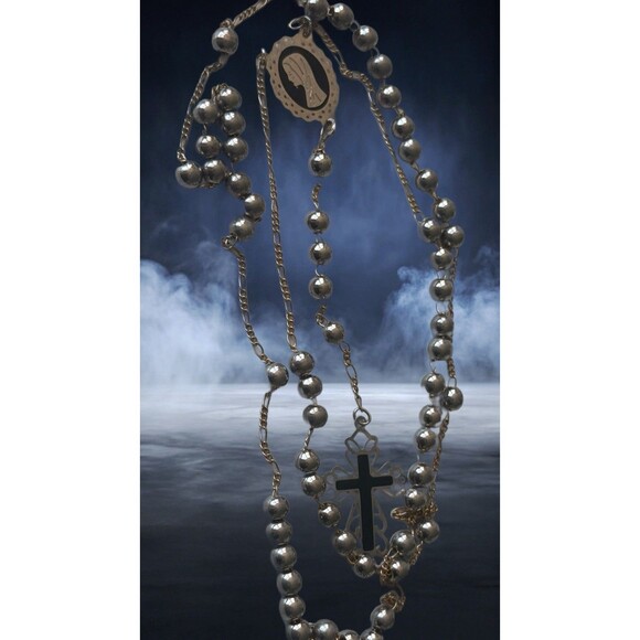 Vintage Catholic Rosary  17” Silver Beads Gold Tone Chain, Mary Medal & Crucifix - Picture 4 of 10
